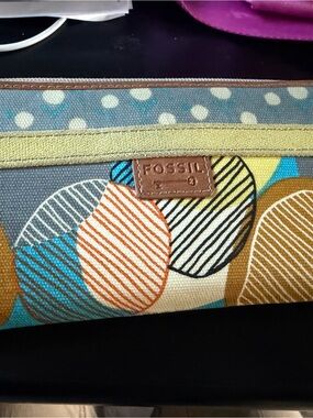 Fossil Multicolor Circle Print Wristlet - Teal, Orange, Yellow, Brown